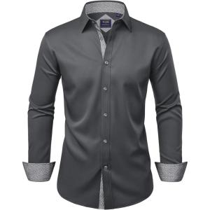 Alimens & Gentle Men’s Dress Shirts Long Sleeve Wrinkle-Free Business Casual Button Down Shirt(Grey Black)
