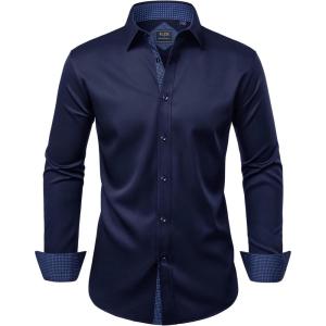 Alimens & Gentle Men’s Dress Shirts Long Sleeve Wrinkle-Free Business Casual Button Down Shirt(Navy)