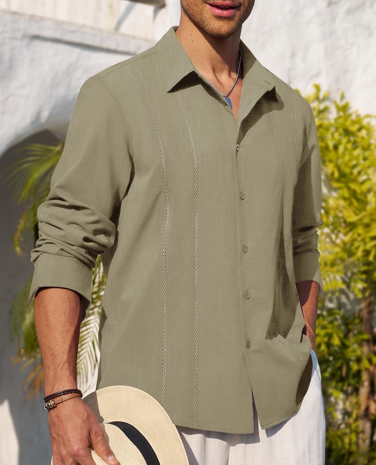 imageAlimens amp Gentle Mens Cuban Guayabera Shirt Button Down Long Sleeve Summer Beach05army Green