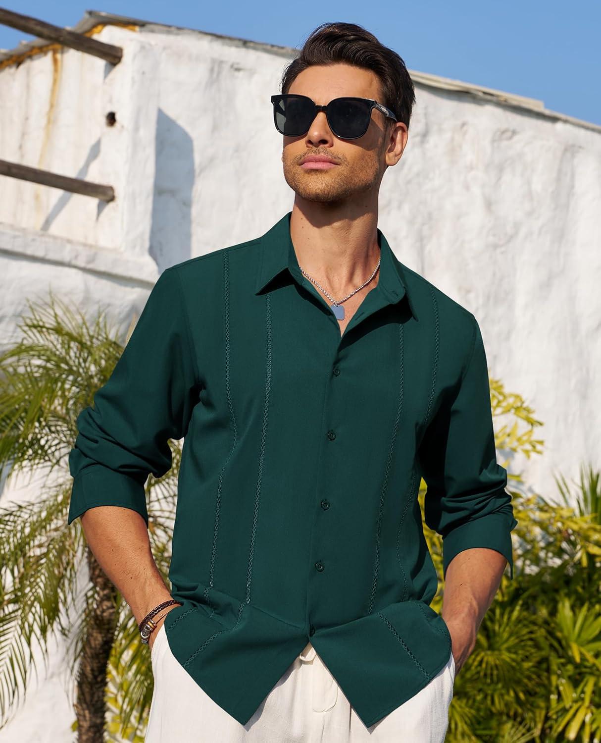 imageAlimens amp Gentle Mens Cuban Guayabera Shirt Button Down Long Sleeve Summer Beach12dark Green