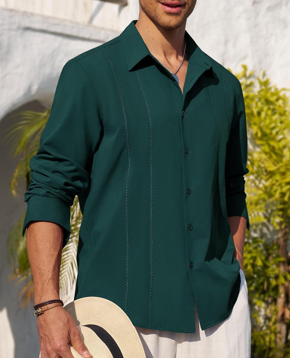 imageAlimens amp Gentle Mens Cuban Guayabera Shirt Button Down Long Sleeve Summer Beach12dark Green