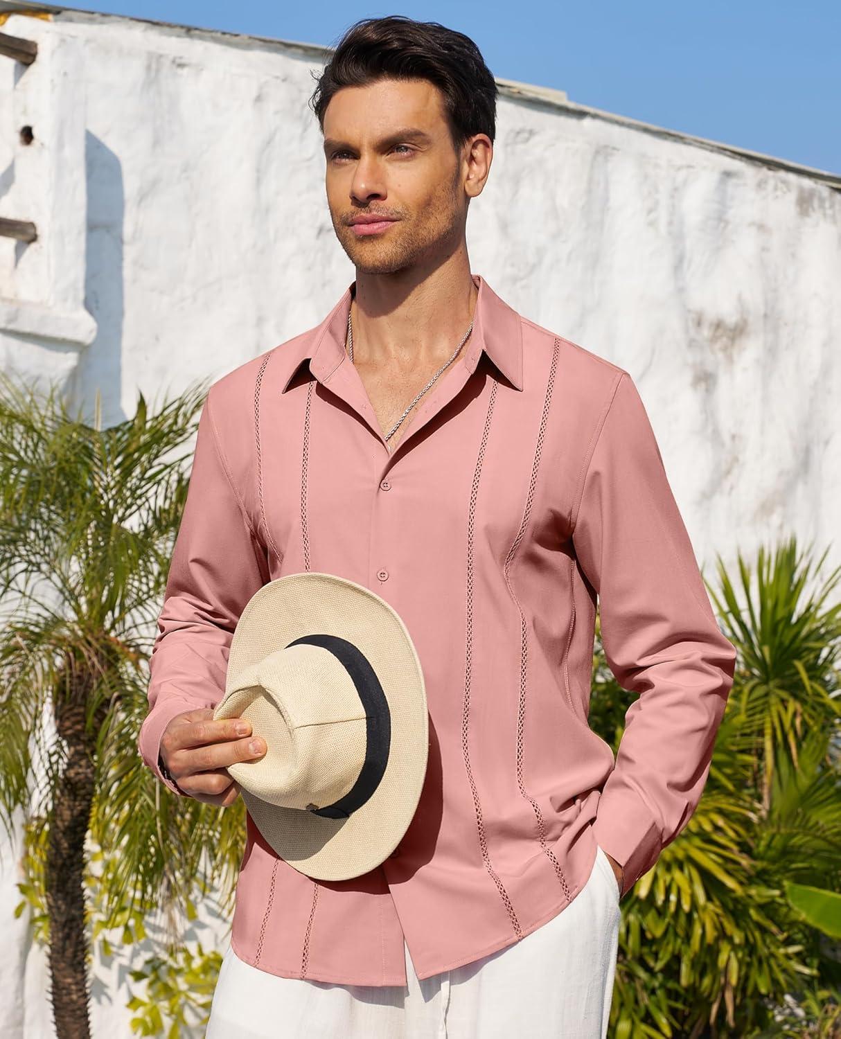 imageAlimens amp Gentle Mens Cuban Guayabera Shirt Button Down Long Sleeve Summer Beach15dusty Pink