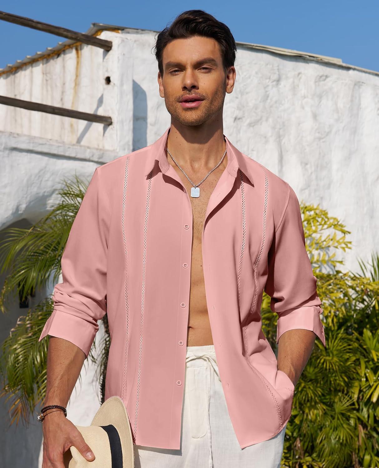 imageAlimens amp Gentle Mens Cuban Guayabera Shirt Button Down Long Sleeve Summer Beach15dusty Pink