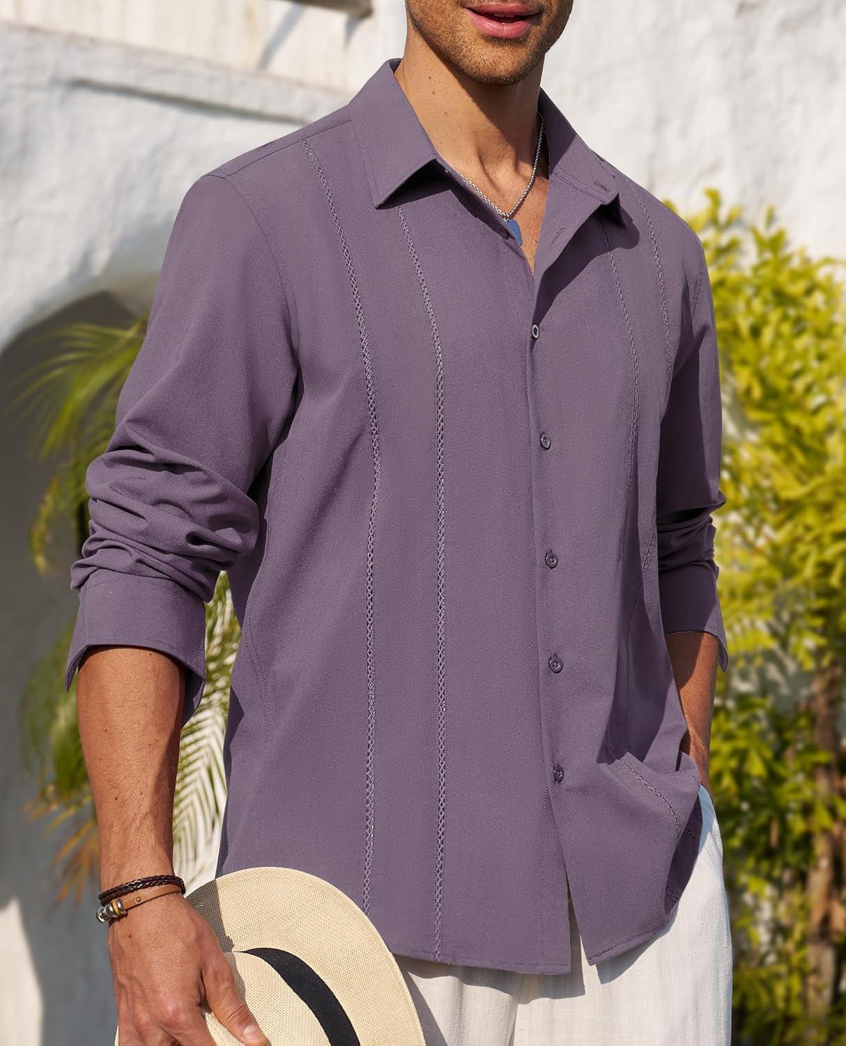 imageAlimens amp Gentle Mens Cuban Guayabera Shirt Button Down Long Sleeve Summer Beach19dark Purple
