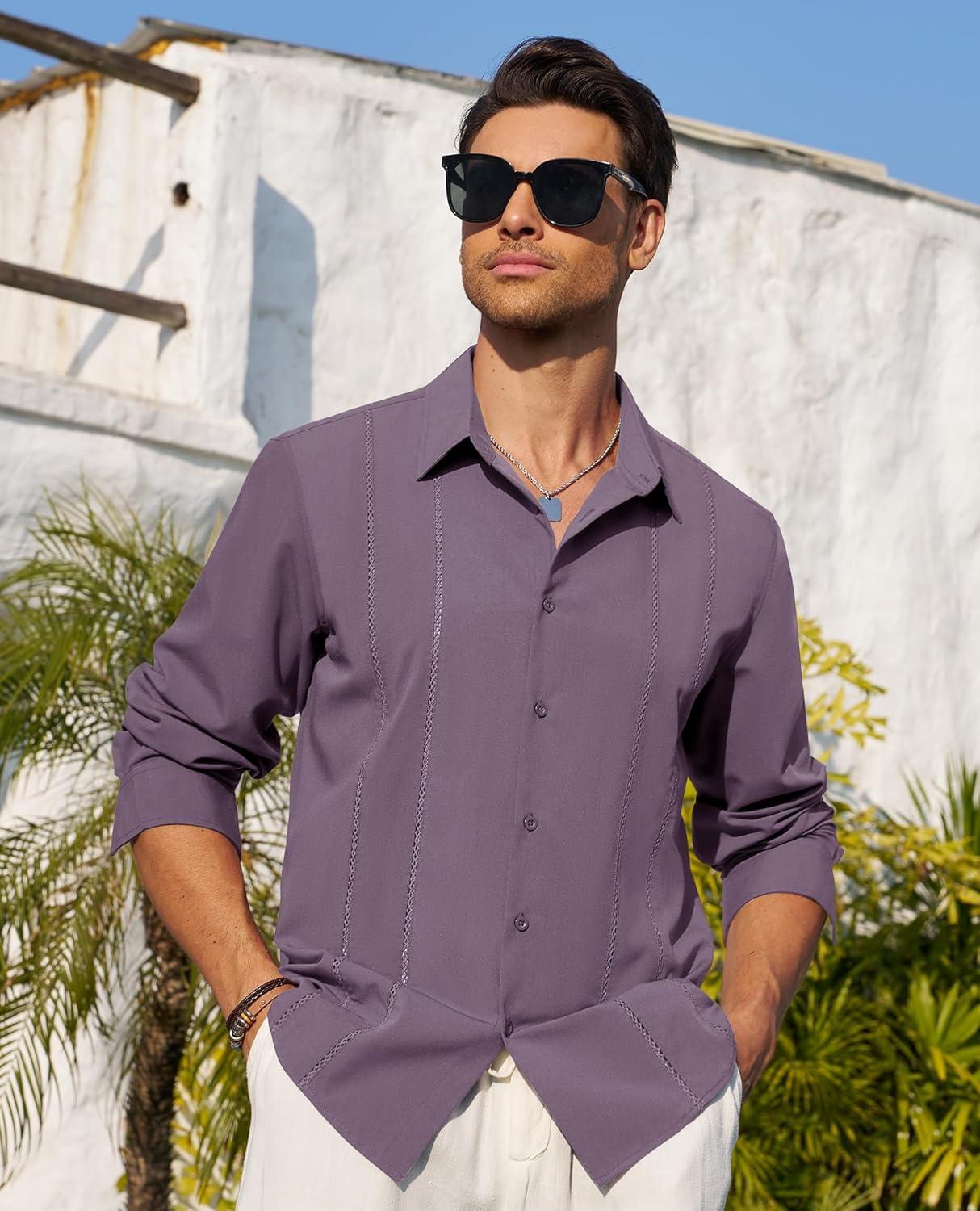 imageAlimens amp Gentle Mens Cuban Guayabera Shirt Button Down Long Sleeve Summer Beach19dark Purple