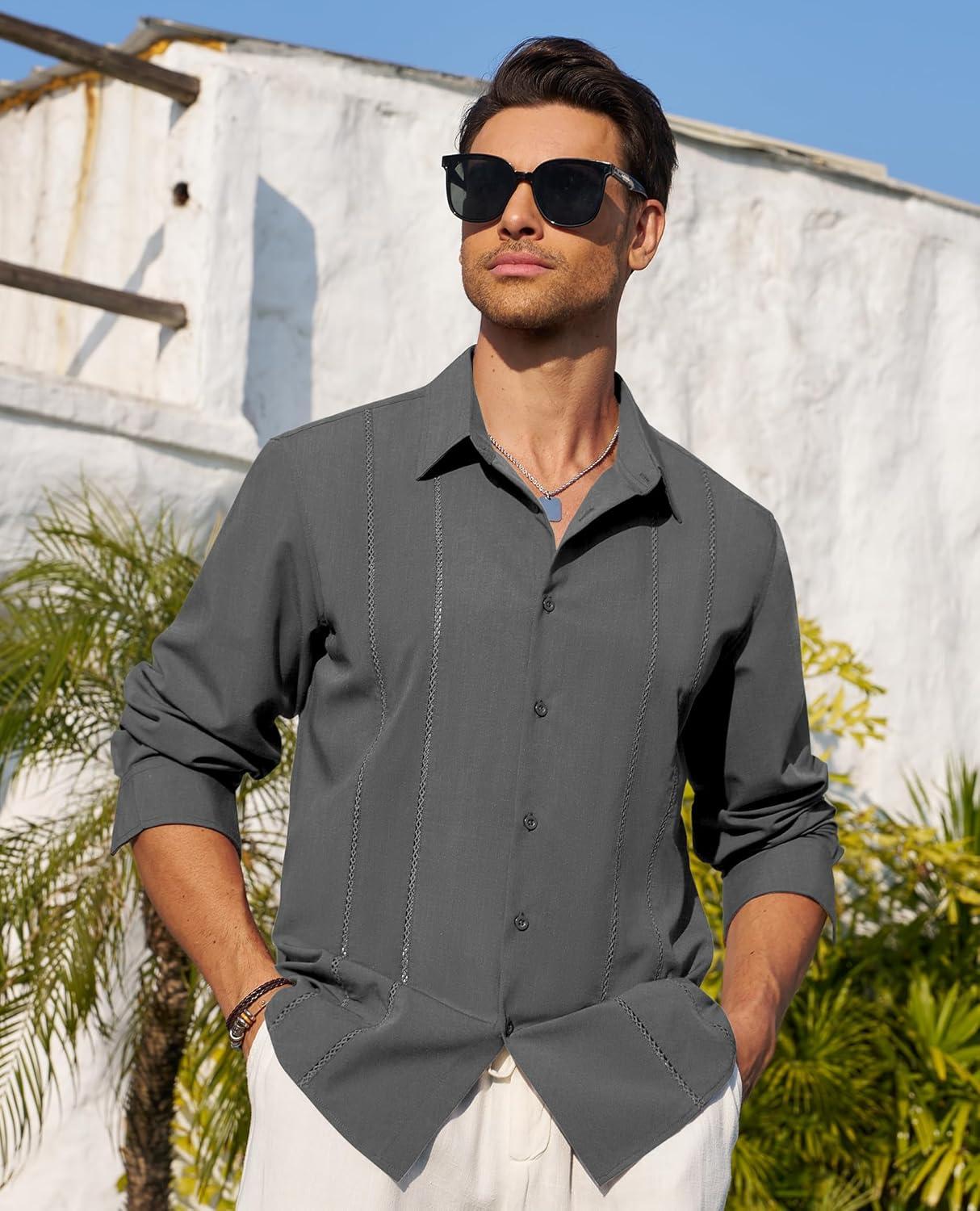 imageAlimens amp Gentle Mens Cuban Guayabera Shirt Button Down Long Sleeve Summer Beach20grey