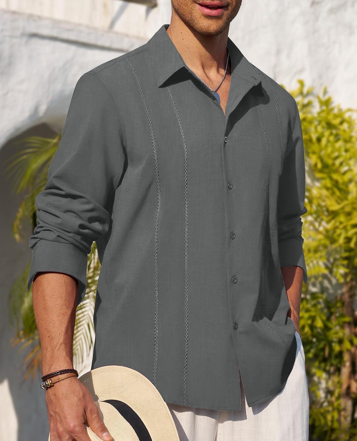 imageAlimens amp Gentle Mens Cuban Guayabera Shirt Button Down Long Sleeve Summer Beach20grey