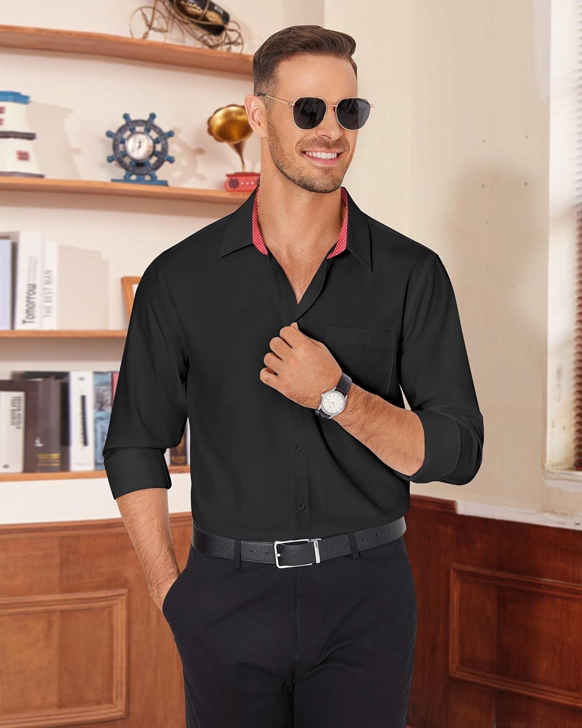 imageAlimens amp Gentle Mens Dress Shirts Casual Long Sleeve Wrinkle Free Stretch Club Prom Party Button Down Shirt with PocketBlackred Polka Dots