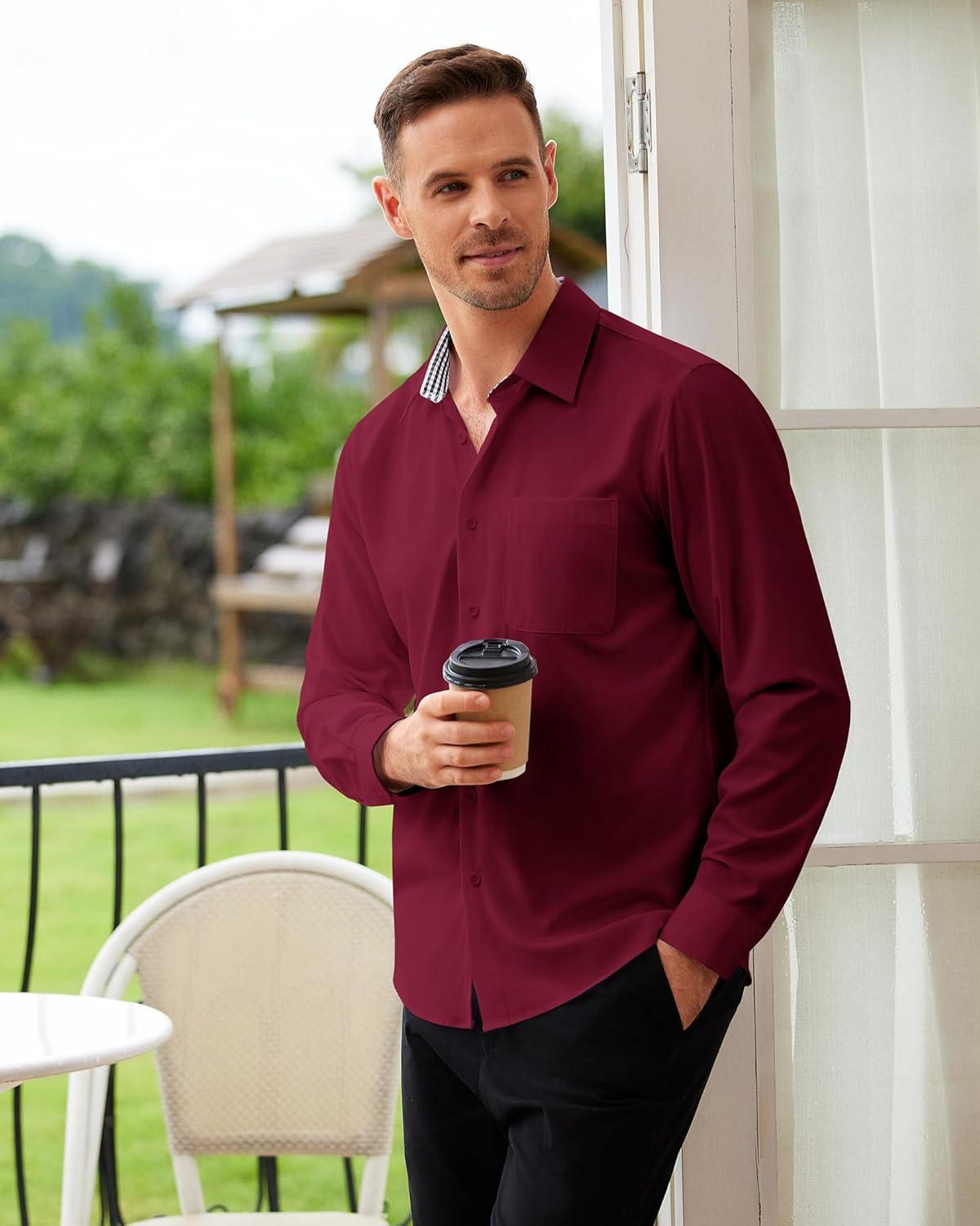 imageAlimens amp Gentle Mens Dress Shirts Casual Long Sleeve Wrinkle Free Stretch Club Prom Party Button Down Shirt with PocketBurgundy