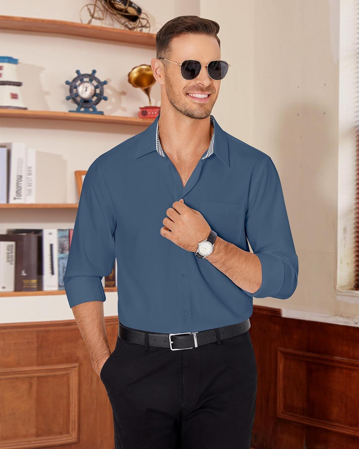 imageAlimens amp Gentle Mens Dress Shirts Casual Long Sleeve Wrinkle Free Stretch Club Prom Party Button Down Shirt with PocketDenim Blue