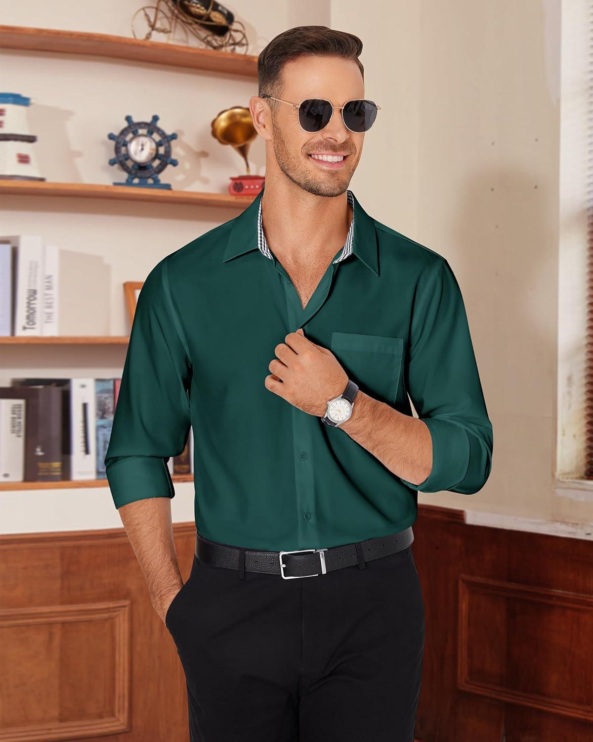 imageAlimens amp Gentle Mens Dress Shirts Casual Long Sleeve Wrinkle Free Stretch Club Prom Party Button Down Shirt with PocketGreen