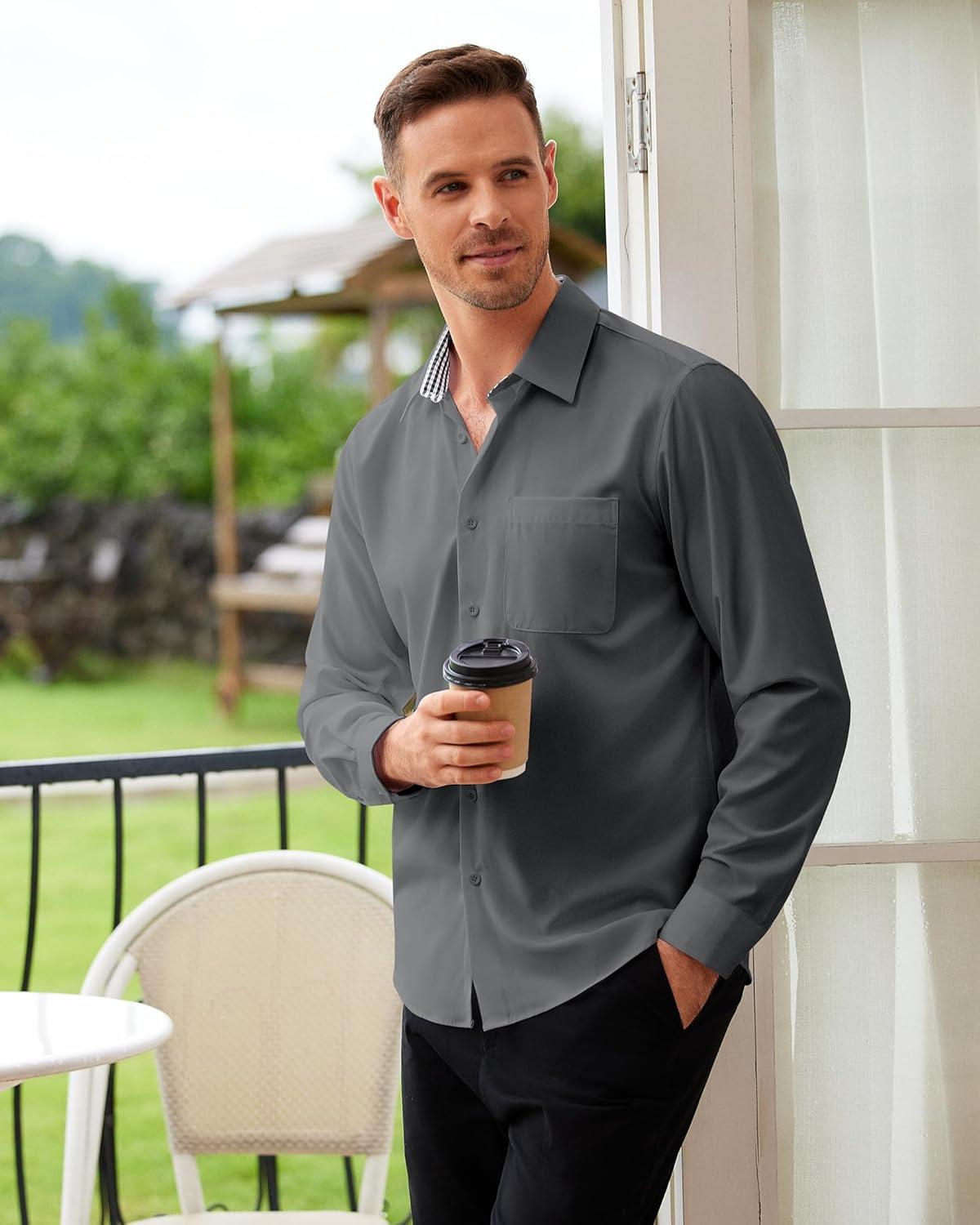 imageAlimens amp Gentle Mens Dress Shirts Casual Long Sleeve Wrinkle Free Stretch Club Prom Party Button Down Shirt with PocketGrey