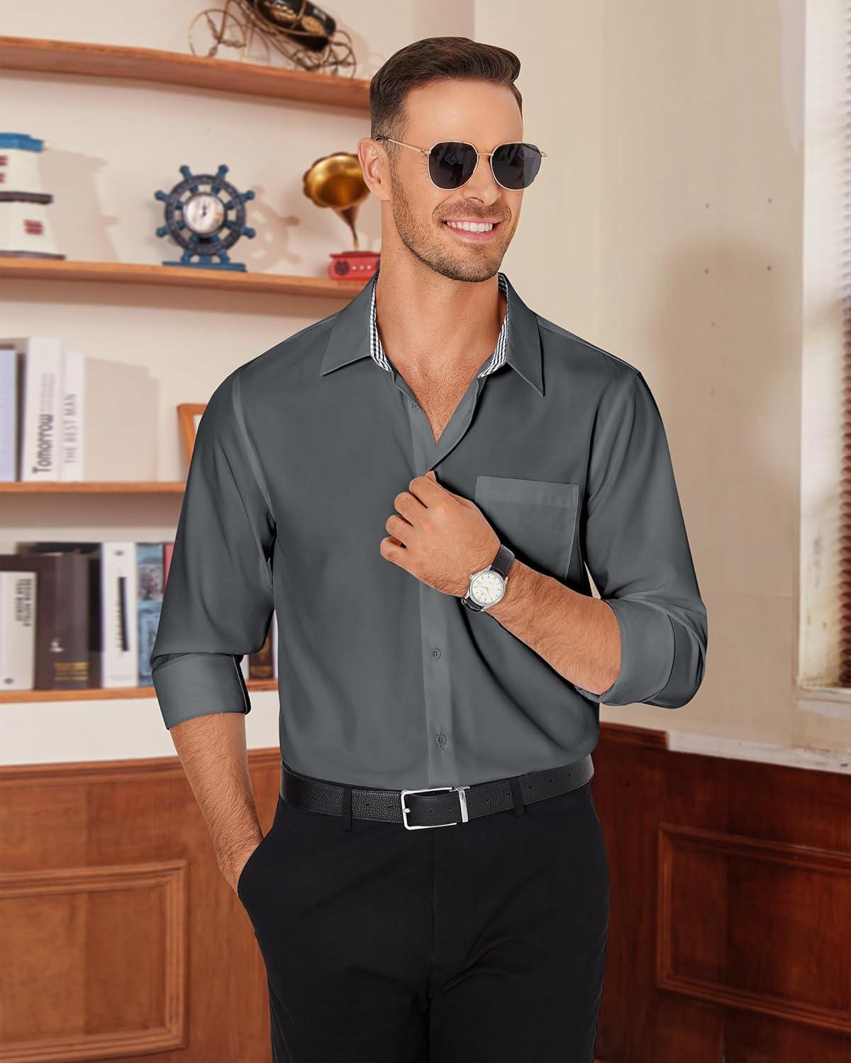 imageAlimens amp Gentle Mens Dress Shirts Casual Long Sleeve Wrinkle Free Stretch Club Prom Party Button Down Shirt with PocketGrey