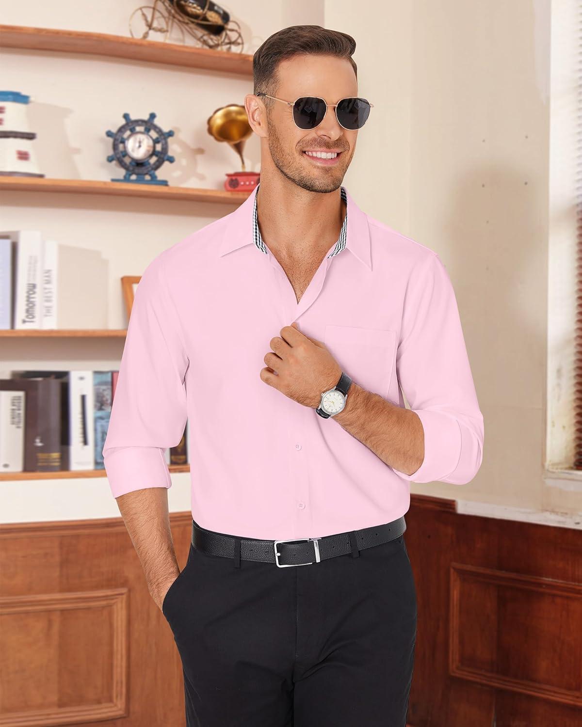 imageAlimens amp Gentle Mens Dress Shirts Casual Long Sleeve Wrinkle Free Stretch Club Prom Party Button Down Shirt with PocketPink