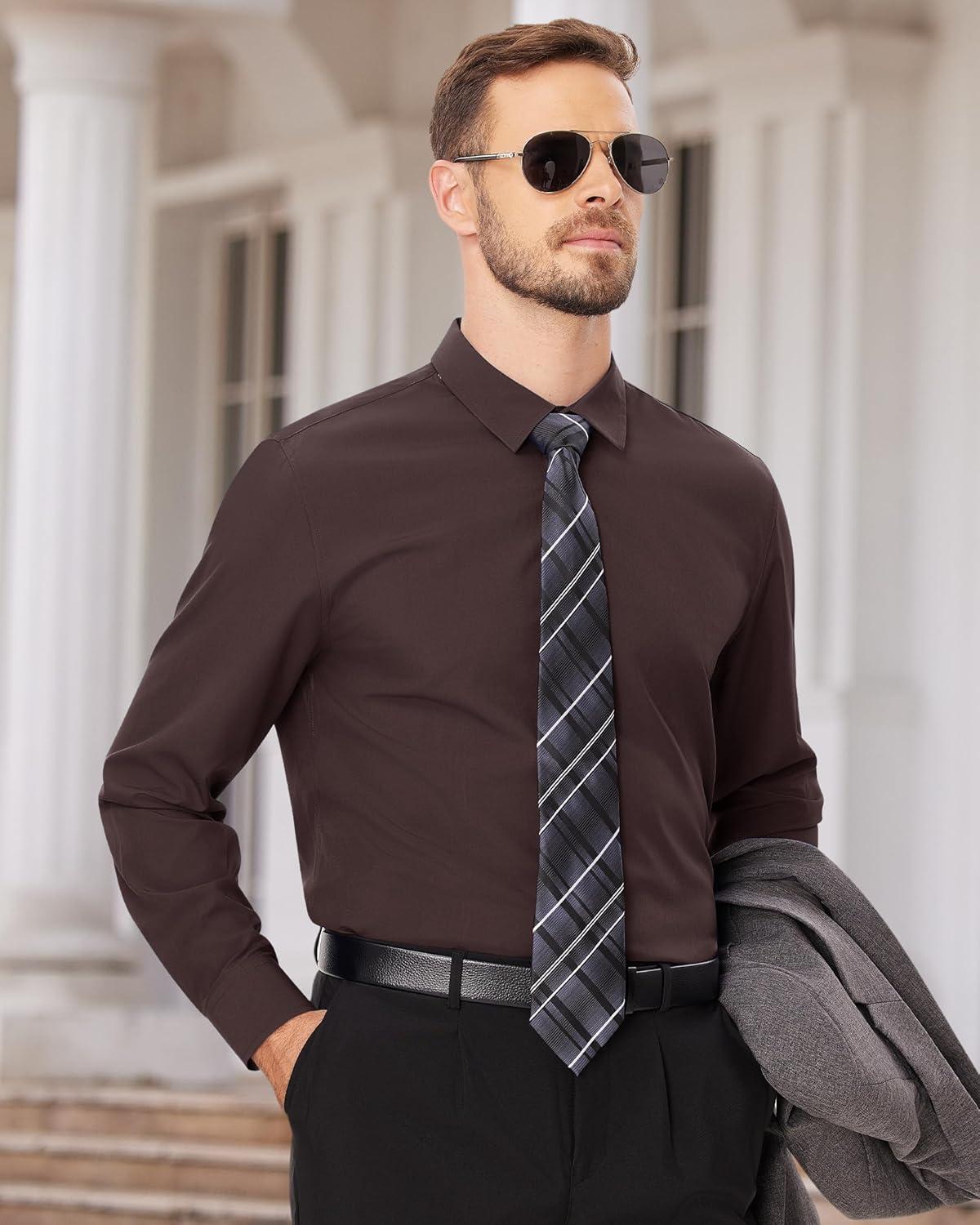 imageAlimens amp Gentle Mens Dress Shirts Long Sleeve Wrinkle Free Stretch Business Casual Wedding Button Down ShirtBrown