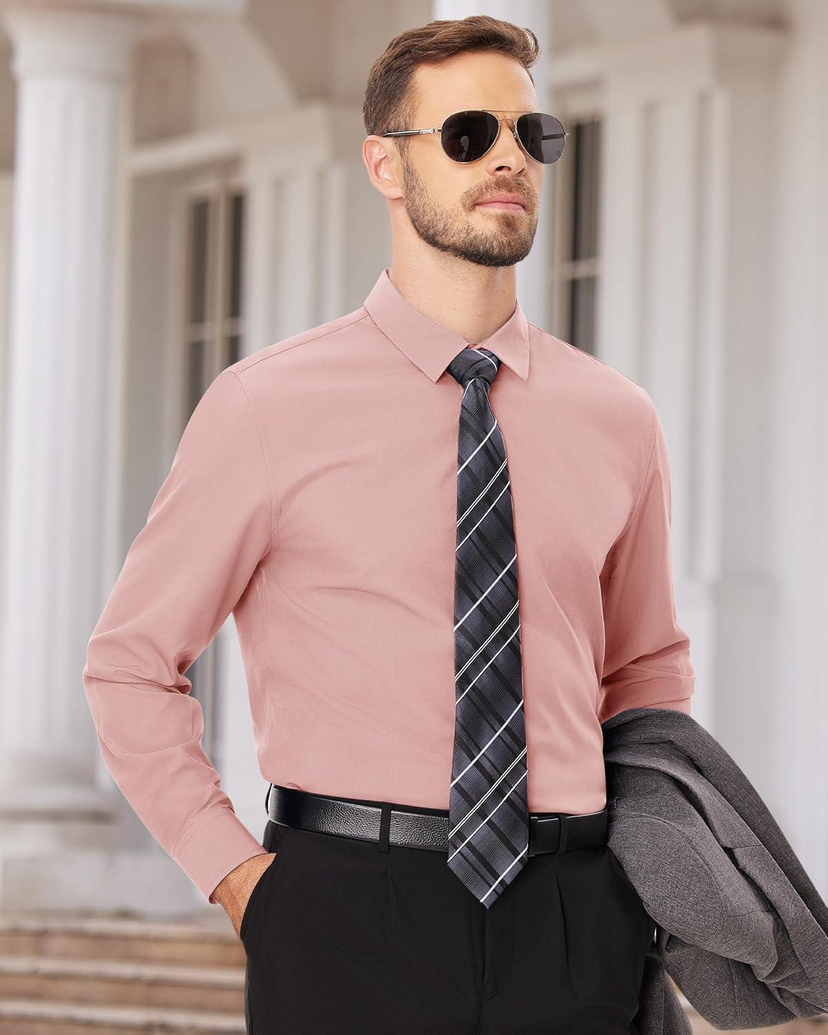 imageAlimens amp Gentle Mens Dress Shirts Long Sleeve Wrinkle Free Stretch Business Casual Wedding Button Down ShirtCoral