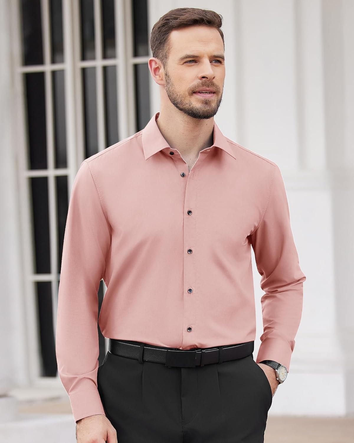 imageAlimens amp Gentle Mens Dress Shirts Long Sleeve Wrinkle Free Stretch Business Casual Wedding Button Down ShirtCoral