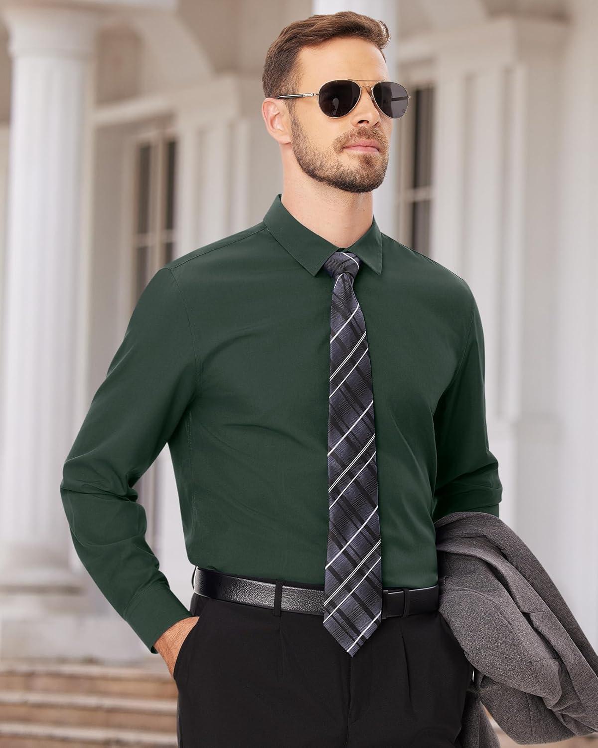 imageAlimens amp Gentle Mens Dress Shirts Long Sleeve Wrinkle Free Stretch Business Casual Wedding Button Down ShirtDark Green