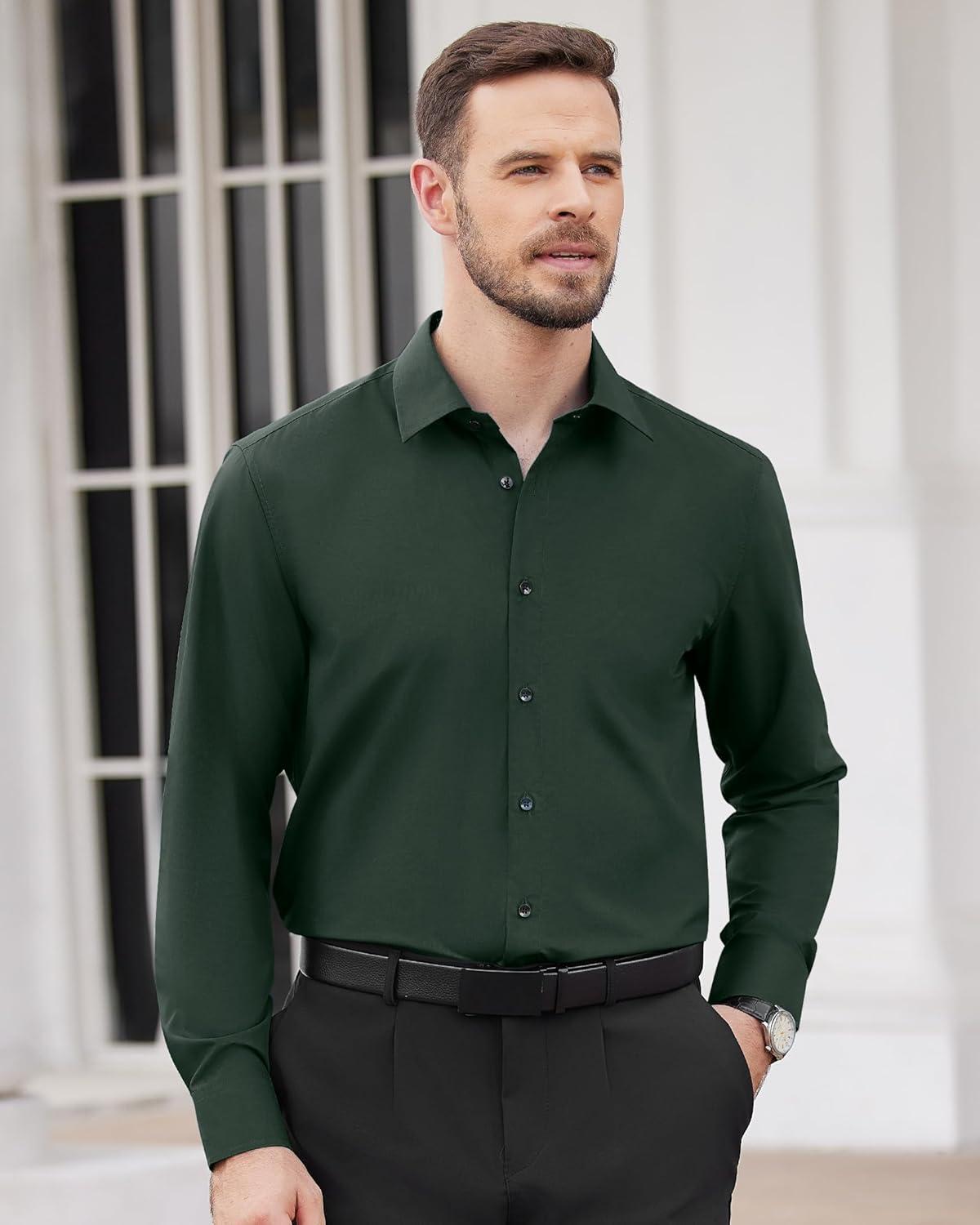 imageAlimens amp Gentle Mens Dress Shirts Long Sleeve Wrinkle Free Stretch Business Casual Wedding Button Down ShirtDark Green