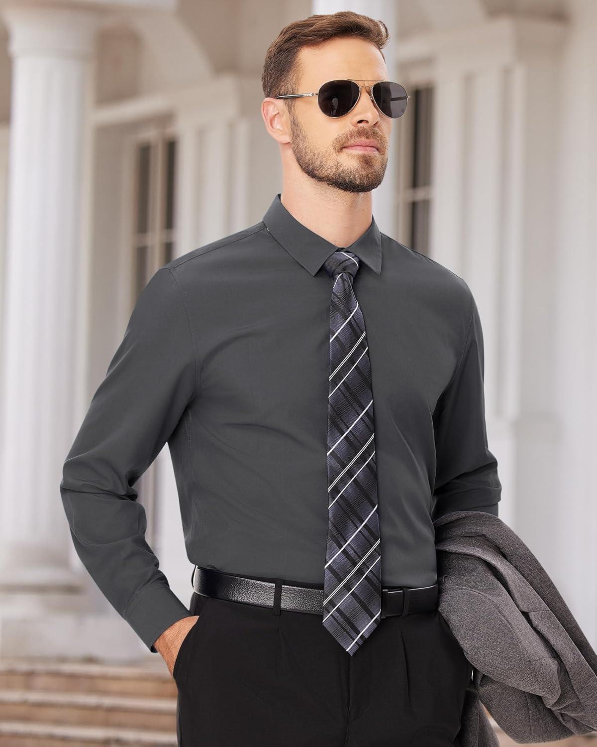 imageAlimens amp Gentle Mens Dress Shirts Long Sleeve Wrinkle Free Stretch Business Casual Wedding Button Down ShirtDark Grey