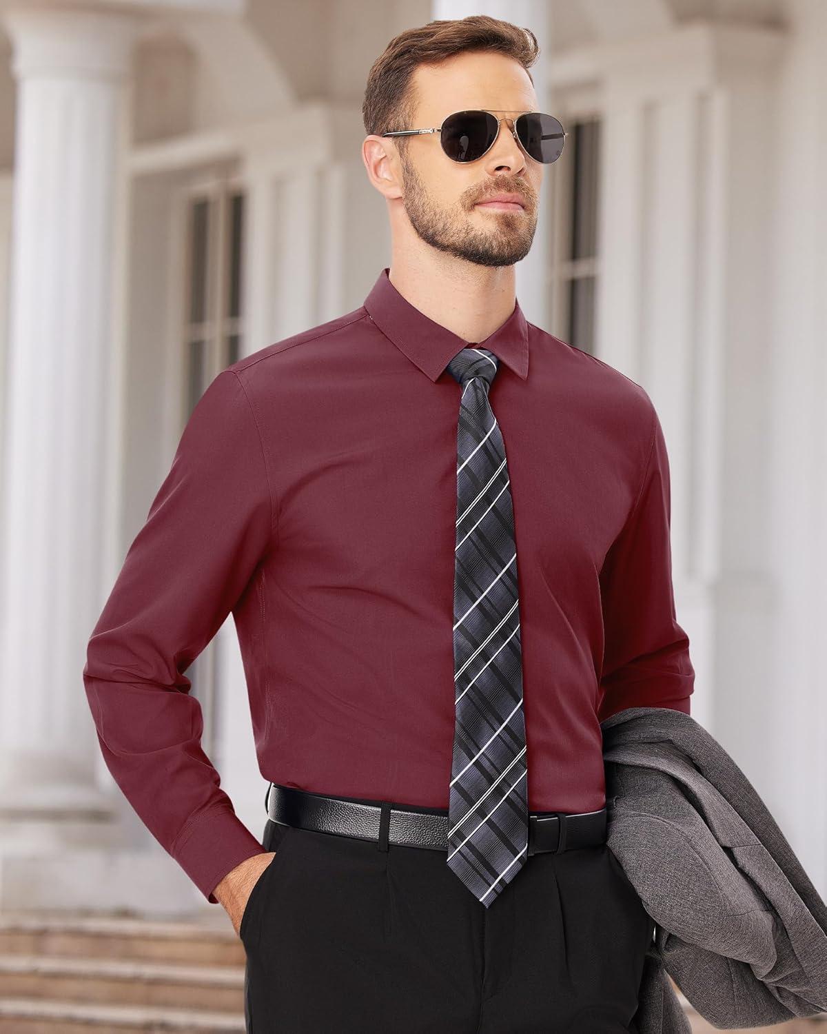 imageAlimens amp Gentle Mens Dress Shirts Long Sleeve Wrinkle Free Stretch Business Casual Wedding Button Down ShirtDark Red