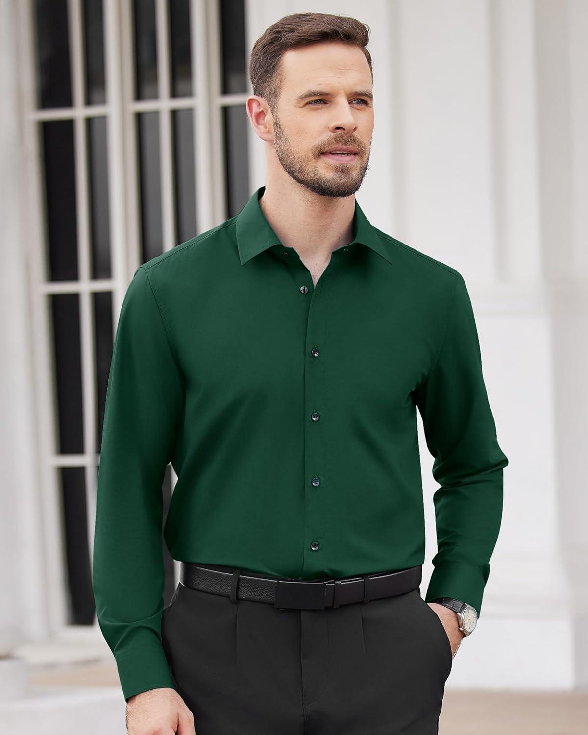 imageAlimens amp Gentle Mens Dress Shirts Long Sleeve Wrinkle Free Stretch Business Casual Wedding Button Down ShirtGreen