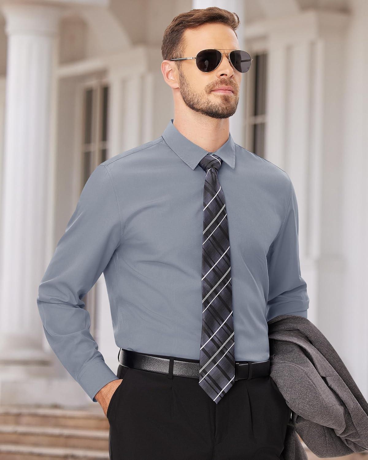 imageAlimens amp Gentle Mens Dress Shirts Long Sleeve Wrinkle Free Stretch Business Casual Wedding Button Down ShirtGrey