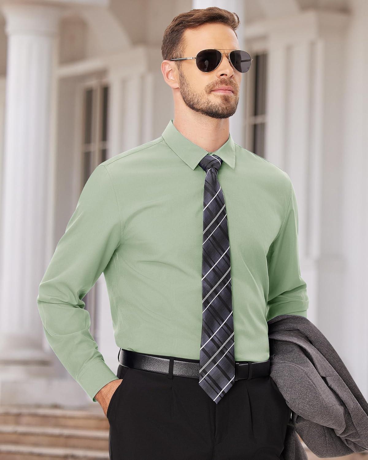 imageAlimens amp Gentle Mens Dress Shirts Long Sleeve Wrinkle Free Stretch Business Casual Wedding Button Down ShirtLight Green