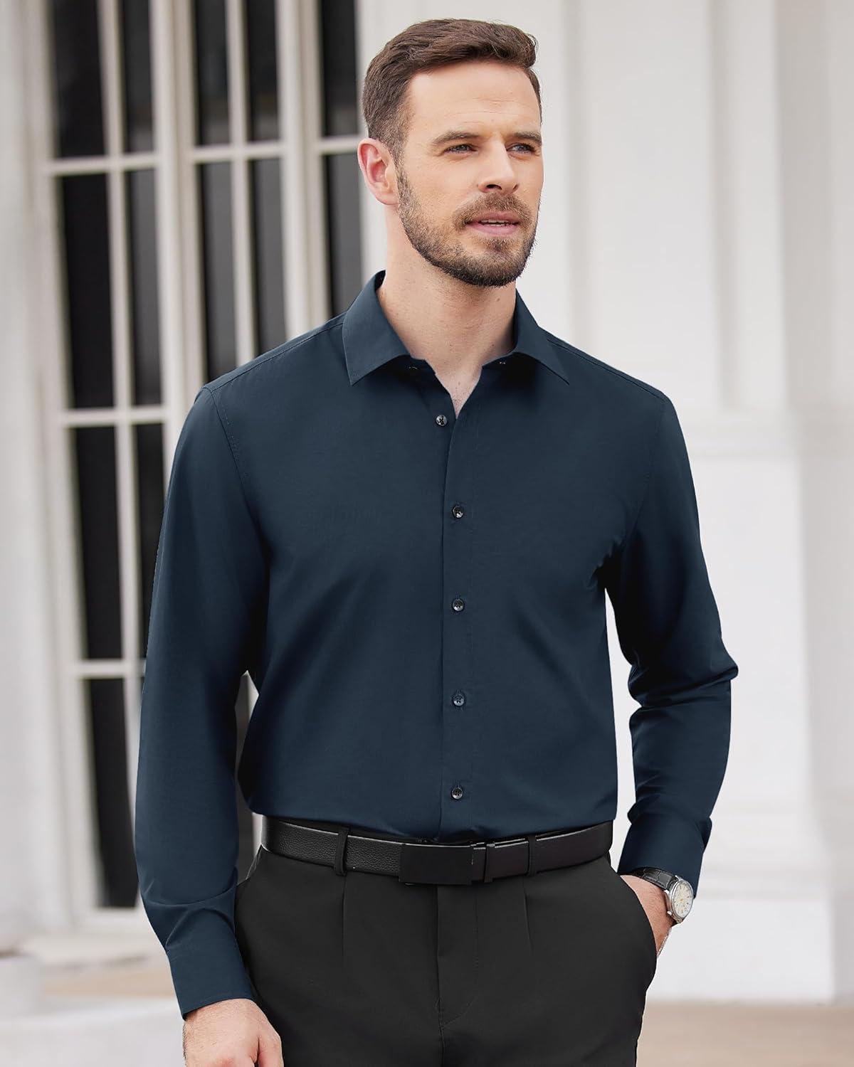 imageAlimens amp Gentle Mens Dress Shirts Long Sleeve Wrinkle Free Stretch Business Casual Wedding Button Down ShirtNavy Blue