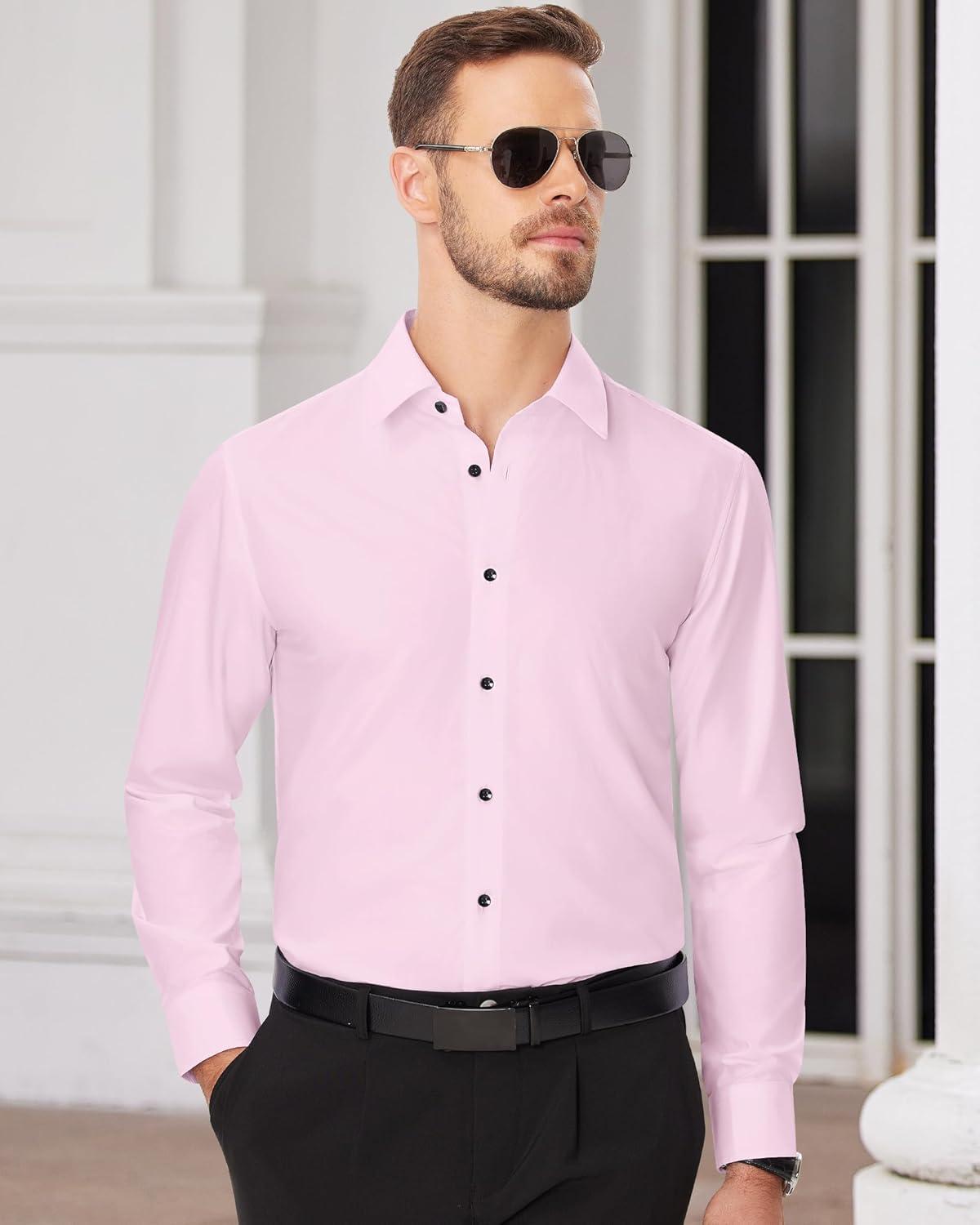 imageAlimens amp Gentle Mens Dress Shirts Long Sleeve Wrinkle Free Stretch Business Casual Wedding Button Down ShirtPink