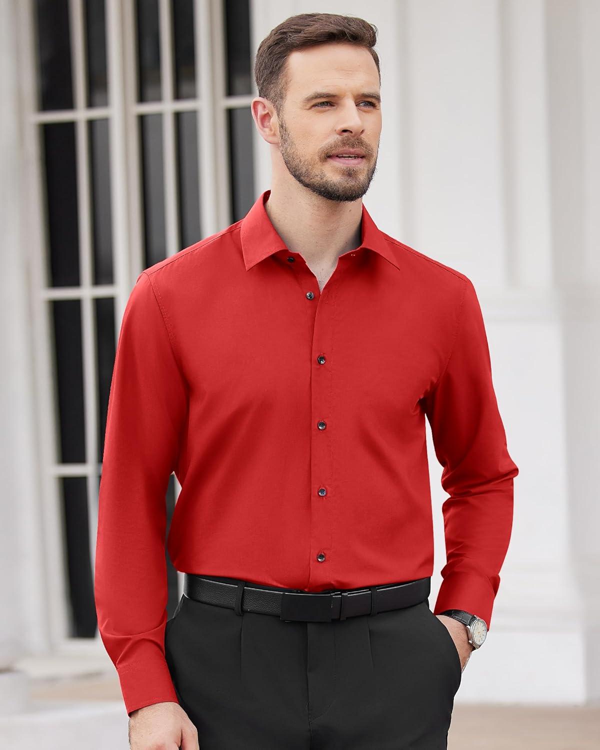 imageAlimens amp Gentle Mens Dress Shirts Long Sleeve Wrinkle Free Stretch Business Casual Wedding Button Down ShirtRed
