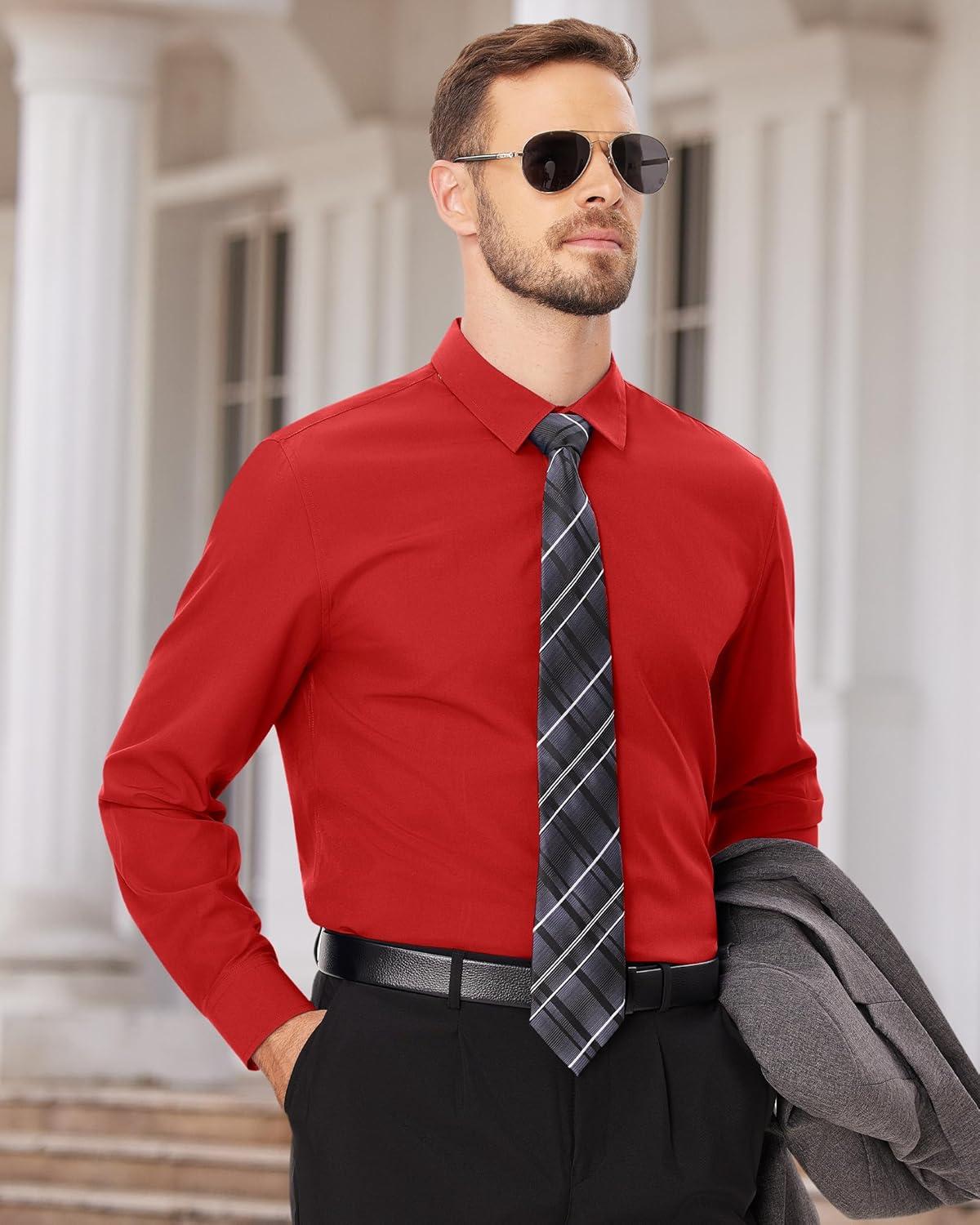 imageAlimens amp Gentle Mens Dress Shirts Long Sleeve Wrinkle Free Stretch Business Casual Wedding Button Down ShirtRed