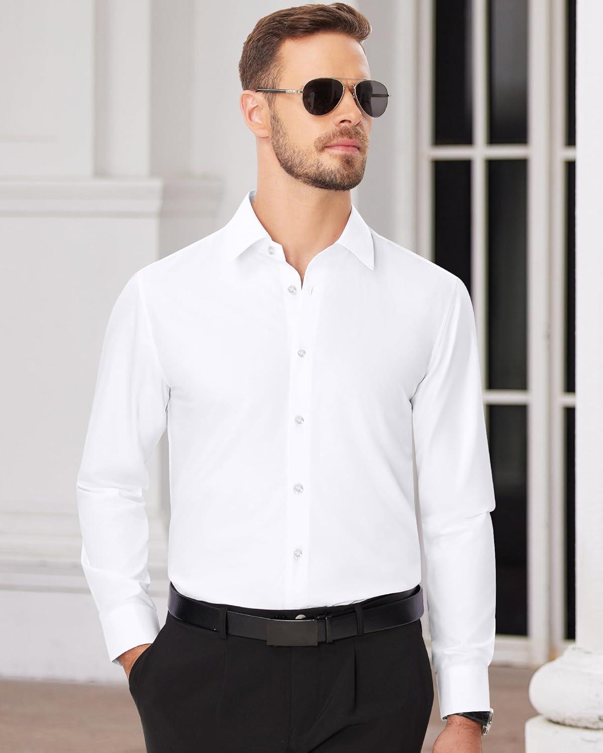 imageAlimens amp Gentle Mens Dress Shirts Long Sleeve Wrinkle Free Stretch Business Casual Wedding Button Down ShirtSolid White