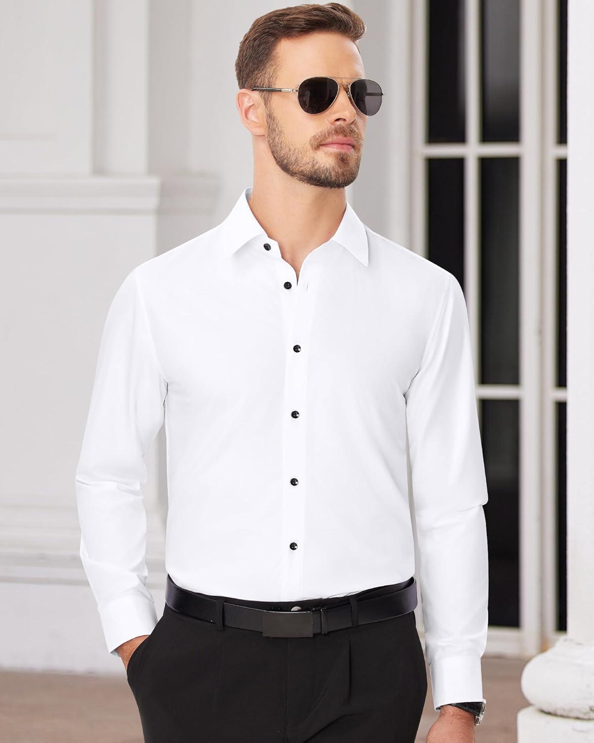 imageAlimens amp Gentle Mens Dress Shirts Long Sleeve Wrinkle Free Stretch Business Casual Wedding Button Down ShirtWhite