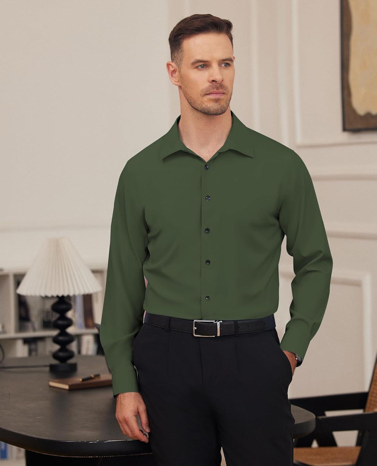 imageAlimens amp Gentle Mens Dress Shirts Stretch Long Sleeve Formal Business Wedding Button Down Shirt Wrinkle FreeArmy Green