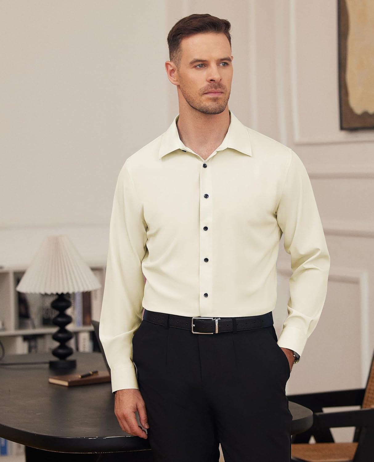 imageAlimens amp Gentle Mens Dress Shirts Stretch Long Sleeve Formal Business Wedding Button Down Shirt Wrinkle FreeBeige