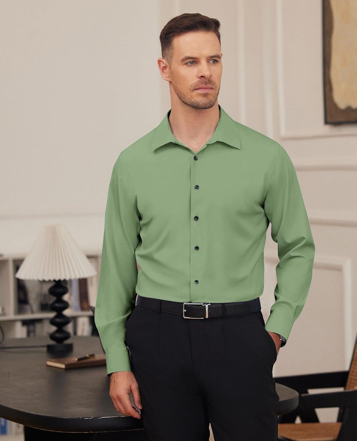 imageAlimens amp Gentle Mens Dress Shirts Stretch Long Sleeve Formal Business Wedding Button Down Shirt Wrinkle FreeGreen