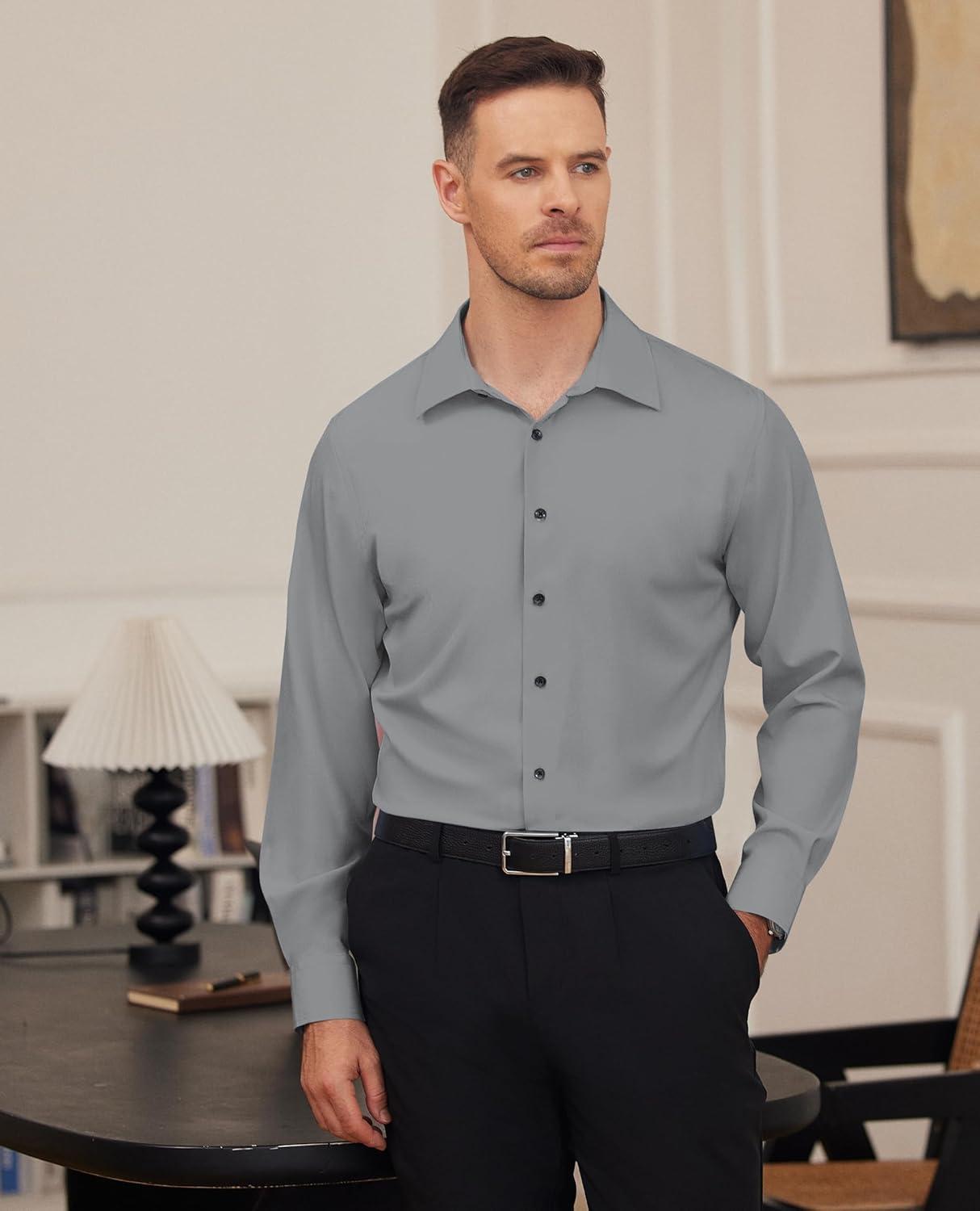 imageAlimens amp Gentle Mens Dress Shirts Stretch Long Sleeve Formal Business Wedding Button Down Shirt Wrinkle FreeGrey