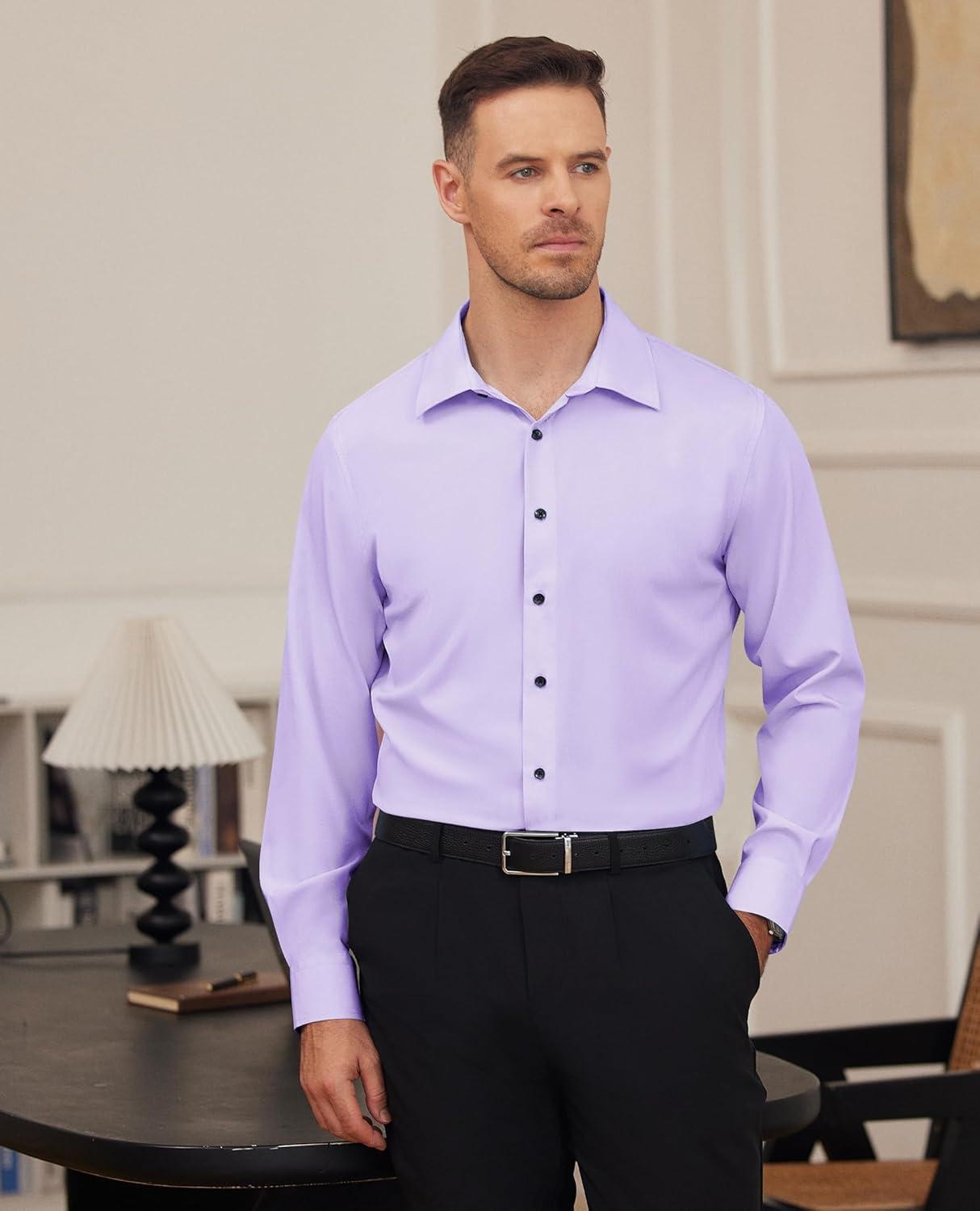 imageAlimens amp Gentle Mens Dress Shirts Stretch Long Sleeve Formal Business Wedding Button Down Shirt Wrinkle FreeLavender Purple