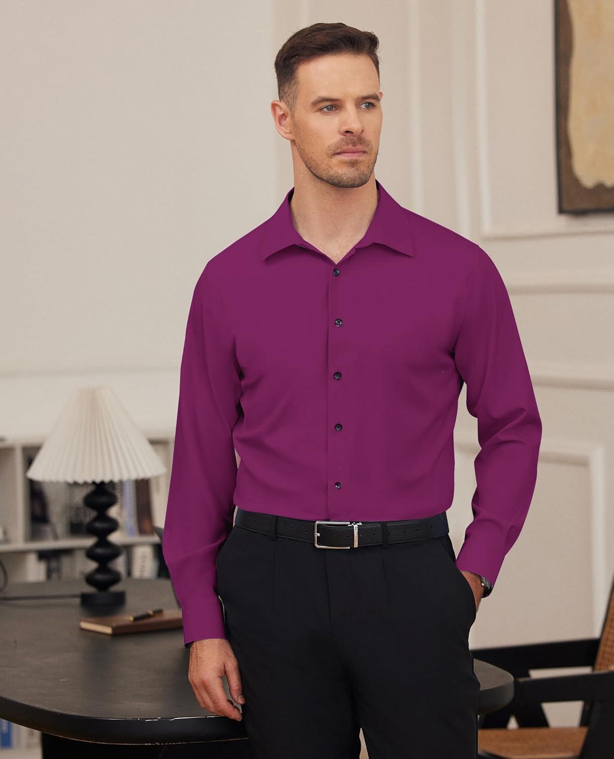 imageAlimens amp Gentle Mens Dress Shirts Stretch Long Sleeve Formal Business Wedding Button Down Shirt Wrinkle FreePurple Red