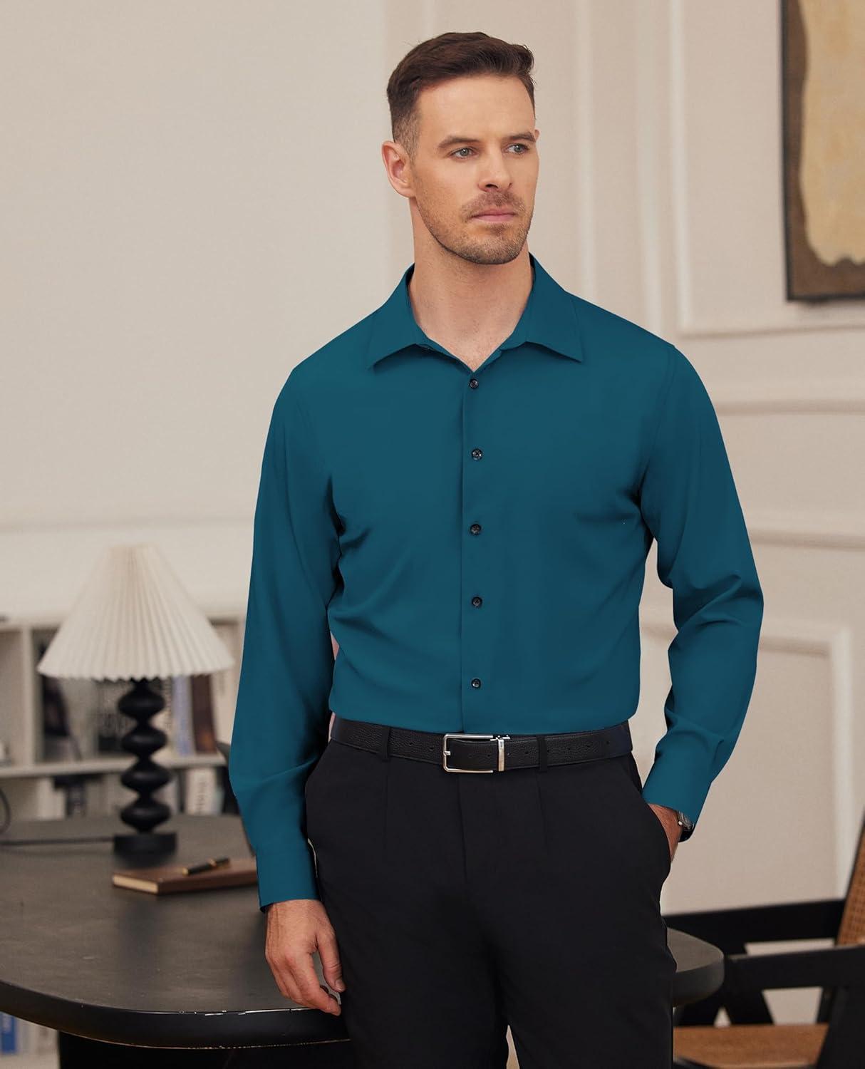 imageAlimens amp Gentle Mens Dress Shirts Stretch Long Sleeve Formal Business Wedding Button Down Shirt Wrinkle FreeTeal