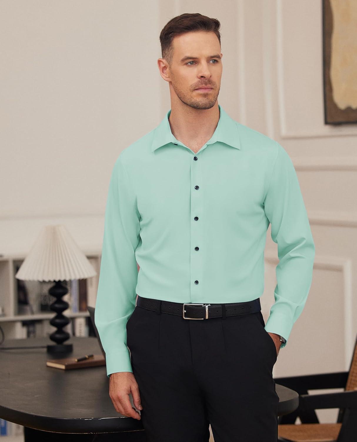 imageAlimens amp Gentle Mens Dress Shirts Stretch Long Sleeve Formal Business Wedding Button Down Shirt Wrinkle FreeTurquoise Green