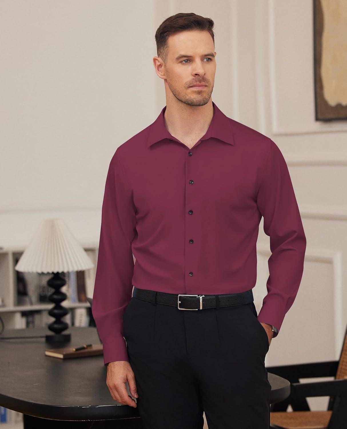 imageAlimens amp Gentle Mens Dress Shirts Stretch Long Sleeve Formal Business Wedding Button Down Shirt Wrinkle FreeWine Red