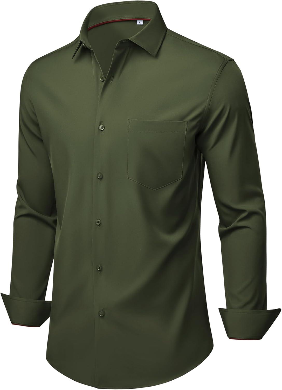imageAlimens amp Gentle Mens Dress Shirts Stretch Long Sleeve Wrinkle Free Business Casual Button Down Shirt for WeddingArmy Green