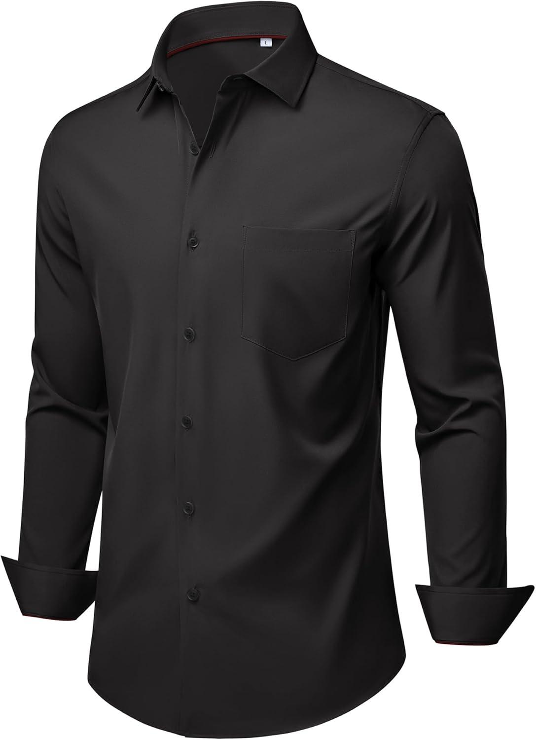 imageAlimens amp Gentle Mens Dress Shirts Stretch Long Sleeve Wrinkle Free Business Casual Button Down Shirt for WeddingBlack