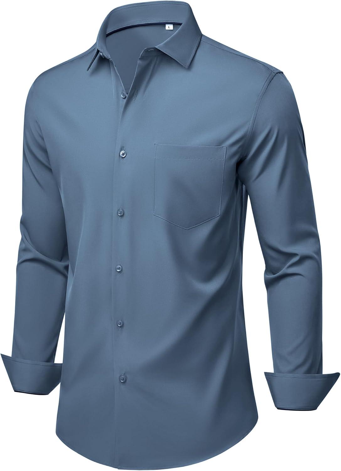 imageAlimens amp Gentle Mens Dress Shirts Stretch Long Sleeve Wrinkle Free Business Casual Button Down Shirt for WeddingBlue