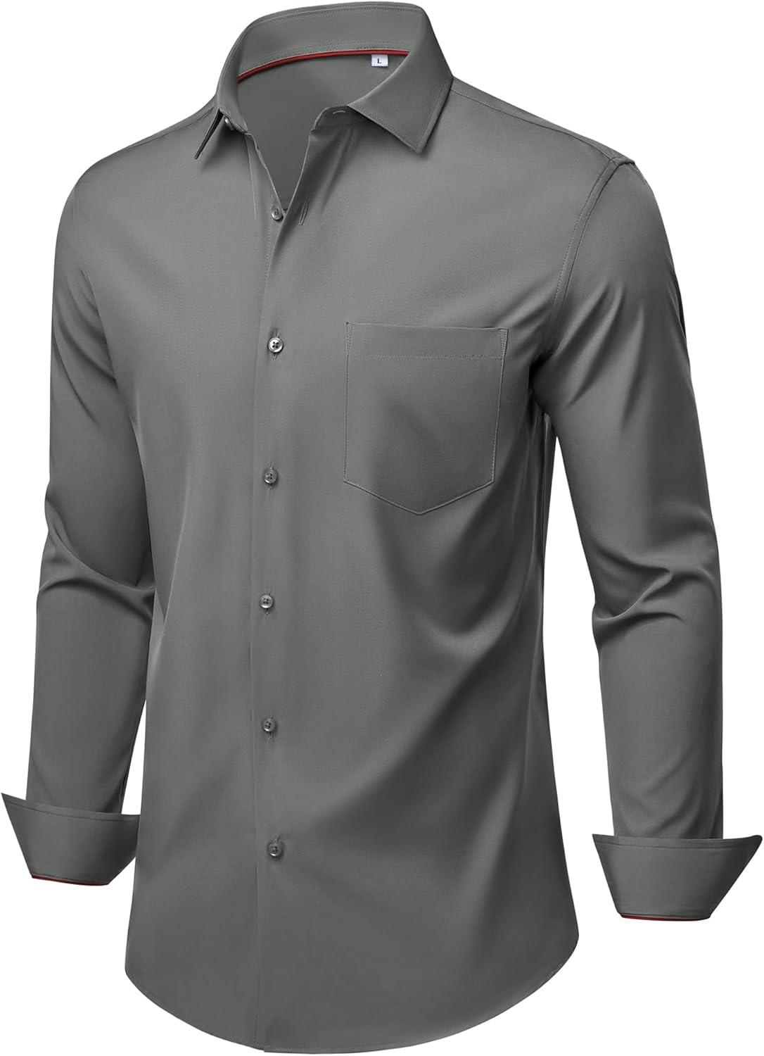 imageAlimens amp Gentle Mens Dress Shirts Stretch Long Sleeve Wrinkle Free Business Casual Button Down Shirt for WeddingGrey