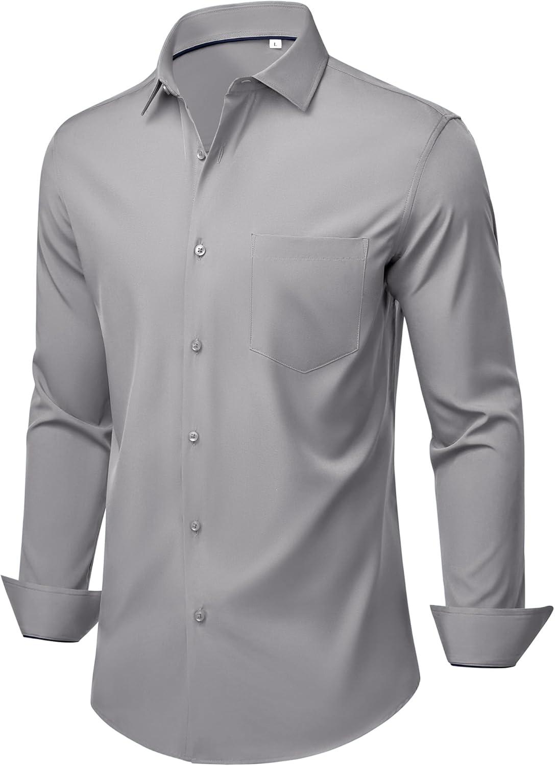 imageAlimens amp Gentle Mens Dress Shirts Stretch Long Sleeve Wrinkle Free Business Casual Button Down Shirt for WeddingLight Grey