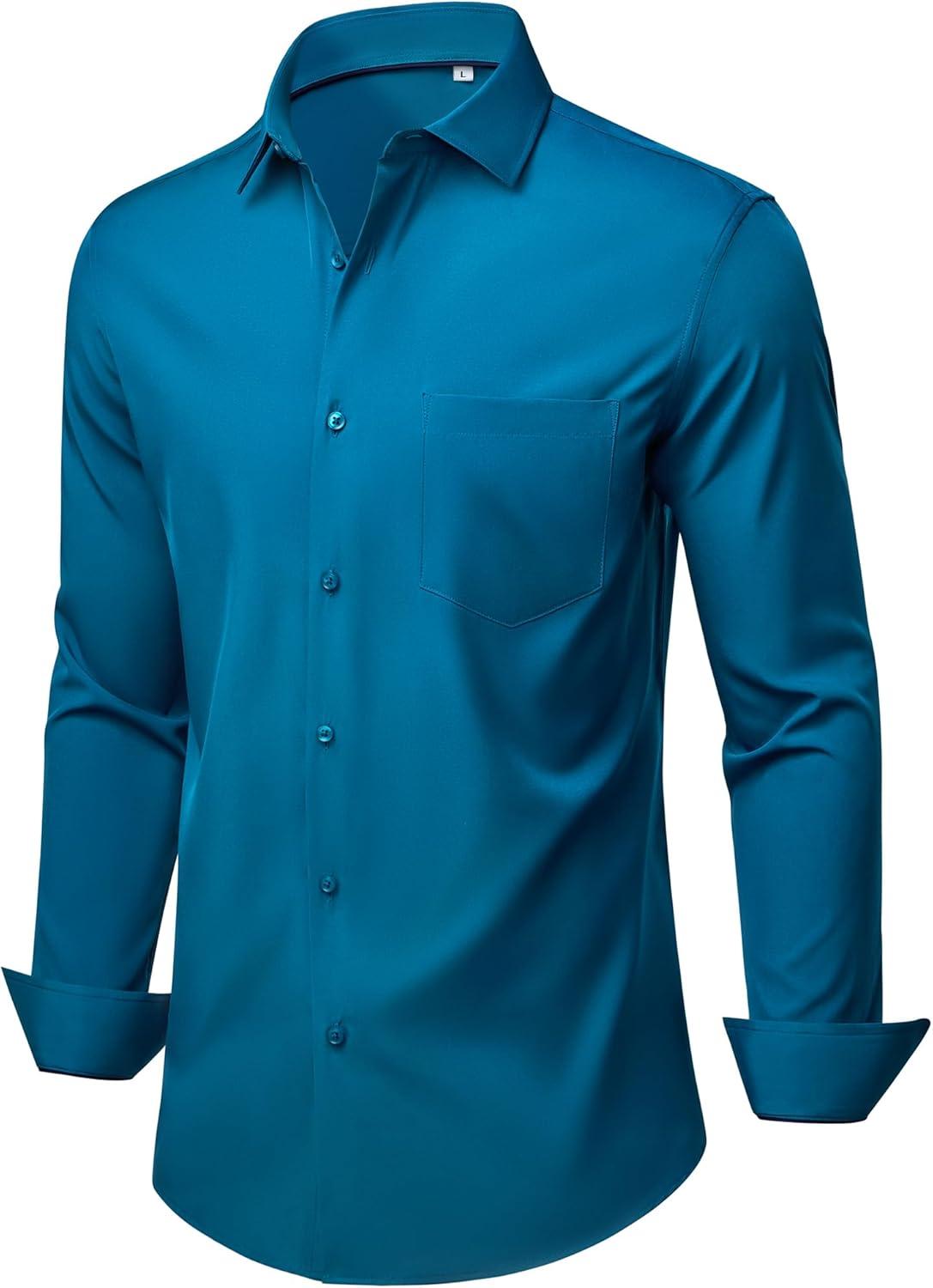 imageAlimens amp Gentle Mens Dress Shirts Stretch Long Sleeve Wrinkle Free Business Casual Button Down Shirt for WeddingPeacock Blue