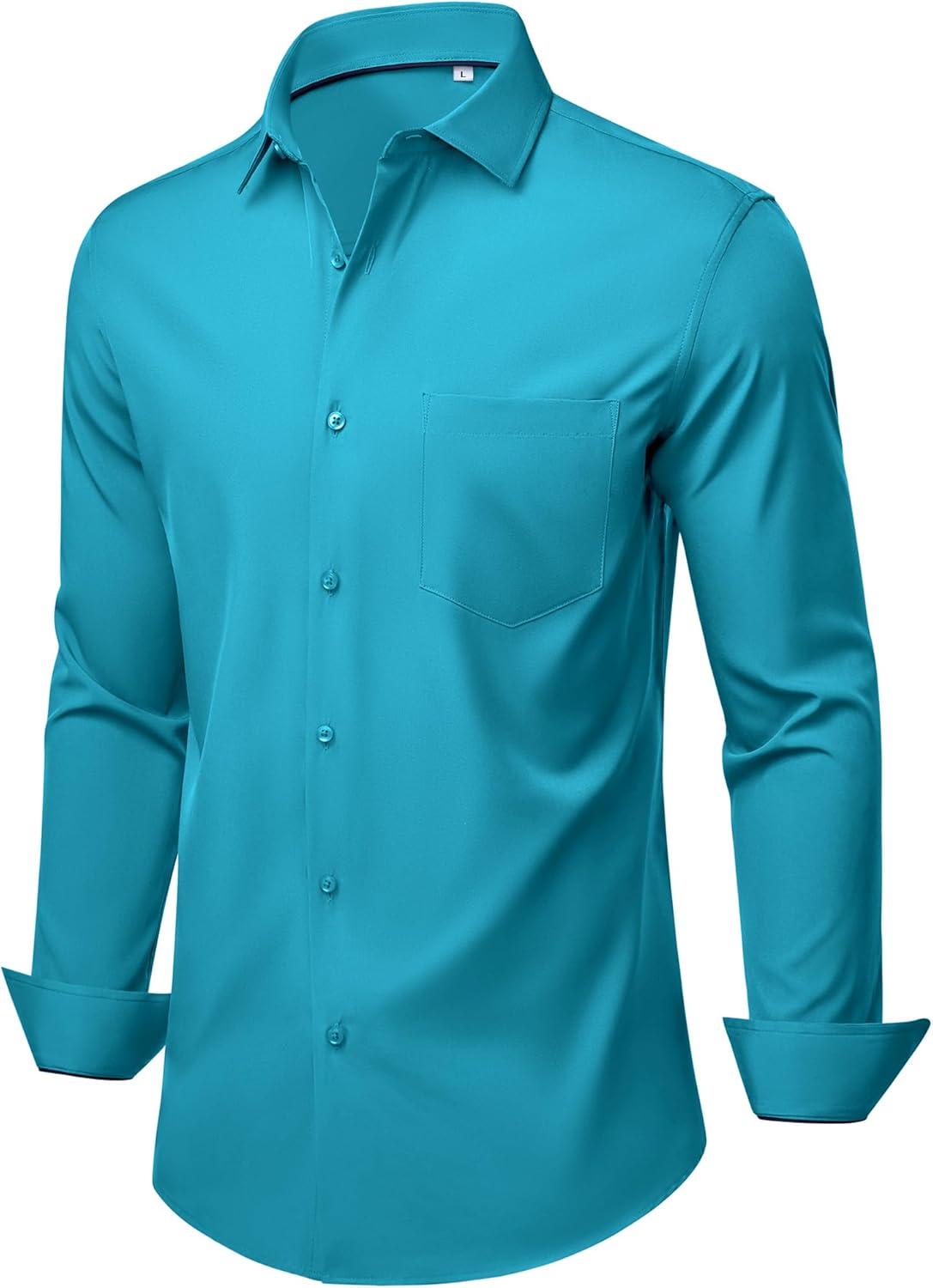 imageAlimens amp Gentle Mens Dress Shirts Stretch Long Sleeve Wrinkle Free Business Casual Button Down Shirt for WeddingTurquoise